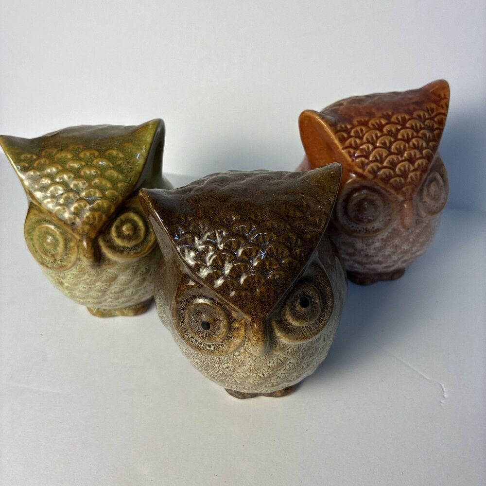 Vtg Set of 3 ceramic 2” Owl Figurines Avacado,orange,brown MCM Retro! 🦉🦉🦉